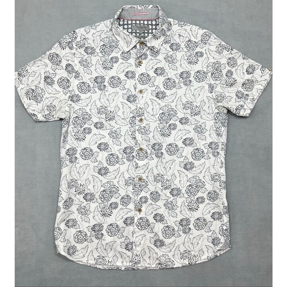 Ted Baker London Mens Floral Print Short Sleeve Button Up Shirt White Black M - Picture 4 of 8